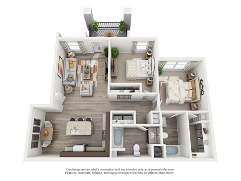 Floor plan for 2 beds, 2 baths, 1049 sqft